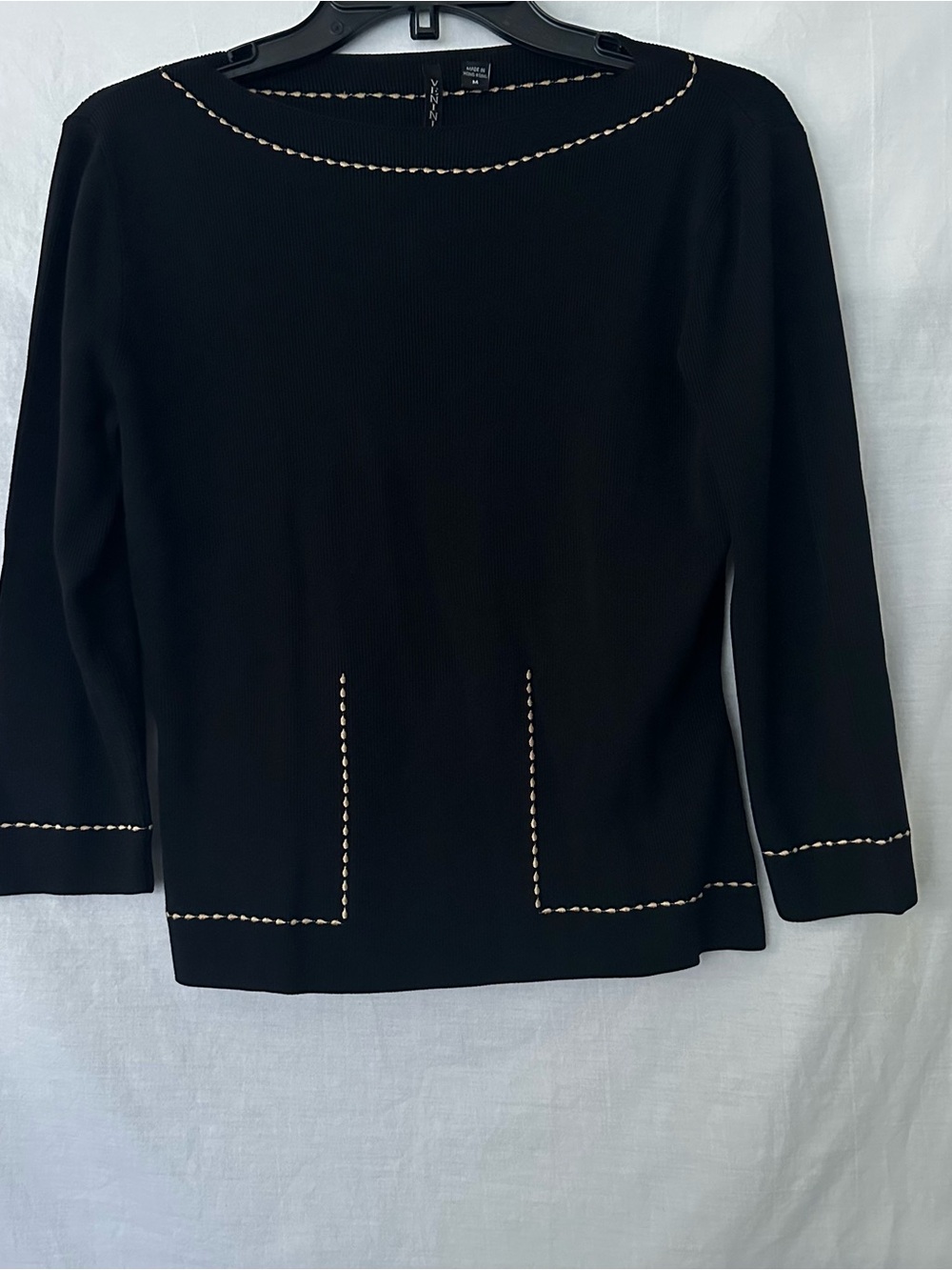 Venini Black Knit Top Contrast Stitching Boat Neck 3/4 Sleeve Size M